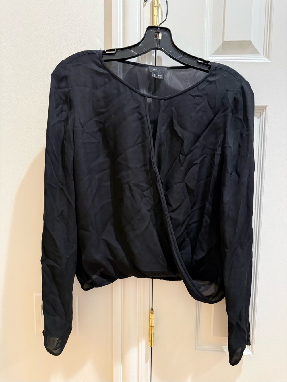 Theory Black Long-Sleeve Draped Wrap Blouse